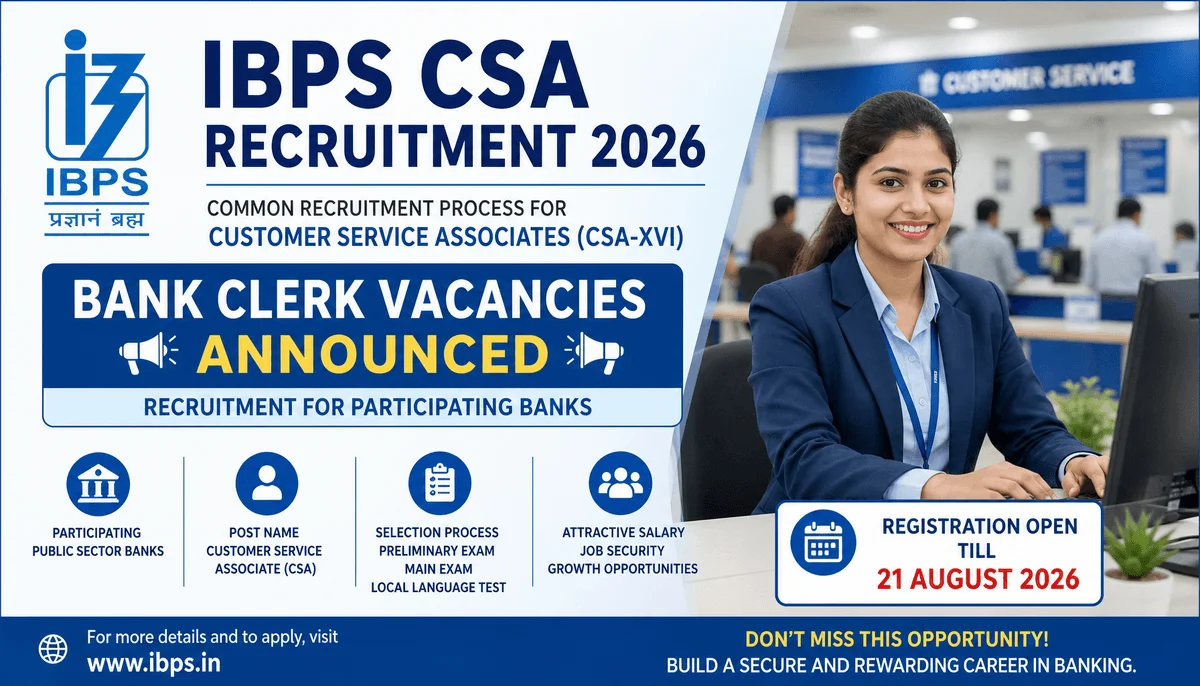 IBPS CSA Recruitment 2026: Bank Clerk Vacancies Announced Under CRP CSA-XVI — Registration Open Till 21 August