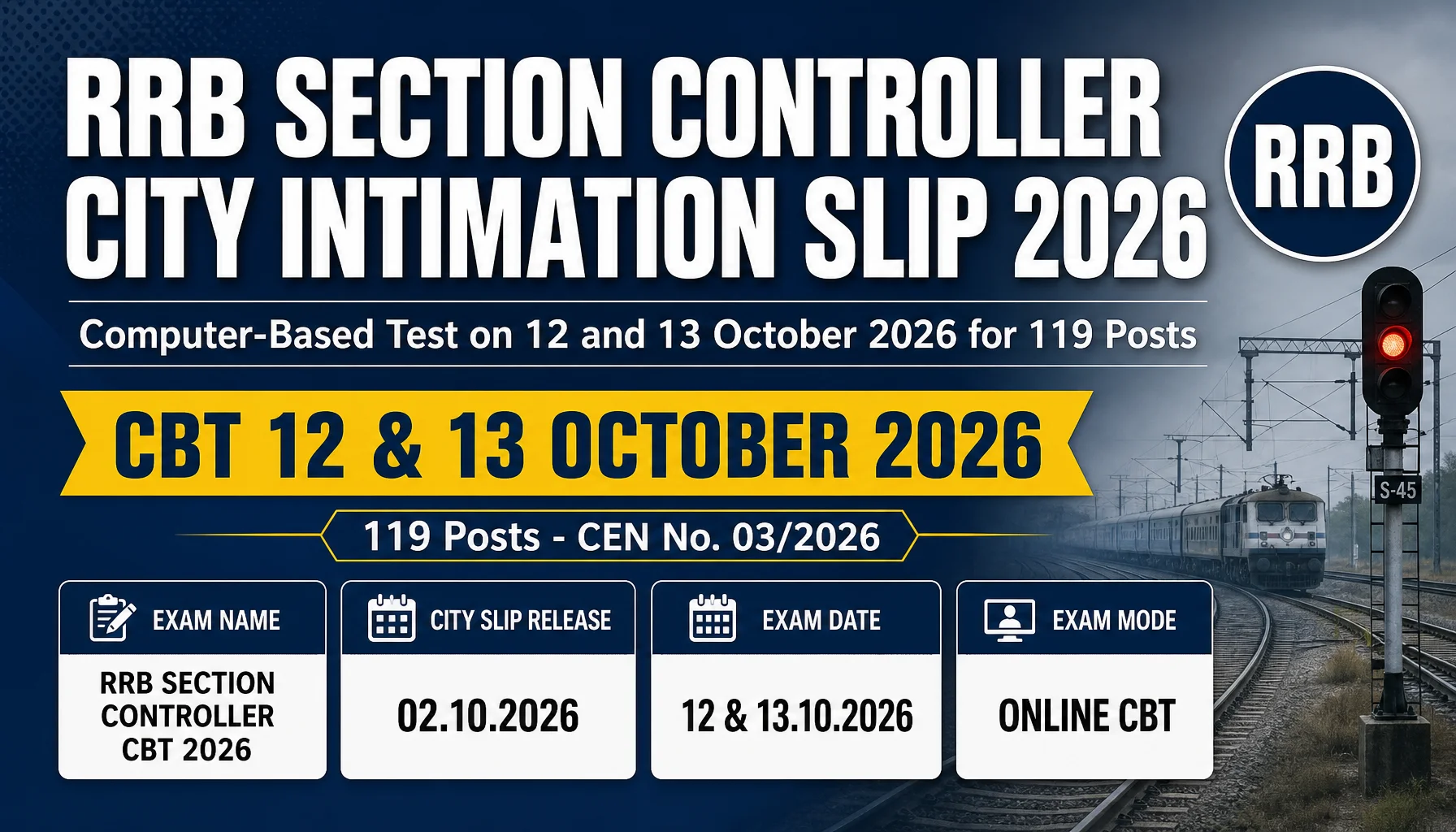 RRB Section Controller City Intimation Slip 2026: Exam City & Date